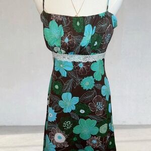 Vintage Y2K Brown Turquoise Floral Slip Dress Lace Trim Spaghetti Strap